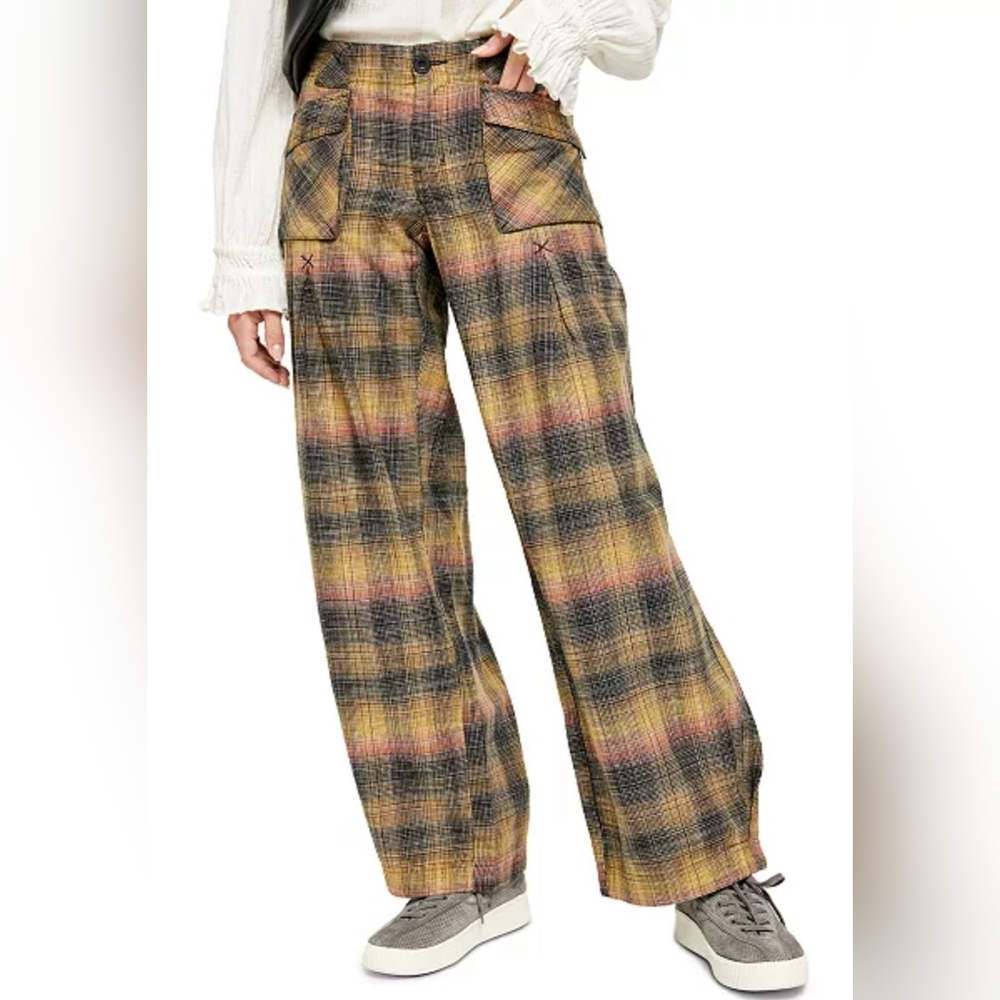 Free People "BIRCH" Wide Leg Plaid Pants in MOSS Combo 12 NWOT